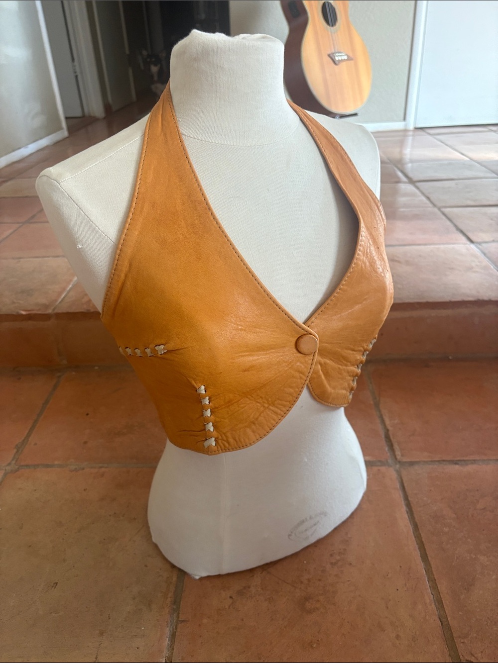 Vintage 1970’s Leather Halter Crop Vest - Tan